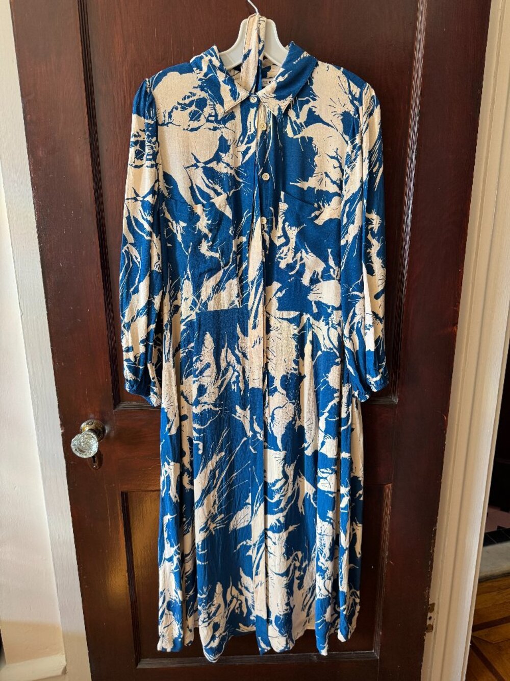 Blue and white flowy shirt dress
